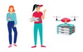 A girl in a pizzeria uniform holds 3 boxes, second girl makes an order through the mobile app. Drone delivers pizza. Character for