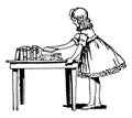 Girl Placing Books on Table, counter, vintage engraving