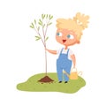 Girl planted tree. Joyful baby with cuttings of plant, gardening and plant growing hobbies. Save the planet, ecology