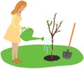 The girl planted a tree and watered from a sprinkler.