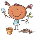 Girl planting a seedling in a pot. Cartoon happy doodle kid clipart