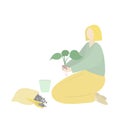 Girl plants flower in a pot. Home plant care and transplantation. Isolated vector flat illustration with space for text