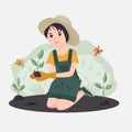 The girl plants plants. Volunteers to work in the garden or park. The concept of raising children to protect nature. Vector