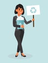 Girl plastic waste sorting standing with plastic bottles and holding a sign recycling mark, eco friendly behavior vector Royalty Free Stock Photo
