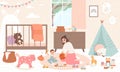 Girl play with baby. Babysitter, sister or young mother playing with toddler in toys. Funny characters in nursery Royalty Free Stock Photo