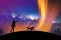 Girl play with dog in park at night. Woman and running pet. Milky Way Royalty Free Stock Photo