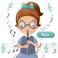 Girl play flute music concept background, cartoon style