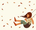 Girl Play Swing and Dried Leaves Floating in the Wind for Season of Autumn Wallpaper.