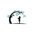 Girl playing with birds under tree, , Logo Template isolated on white