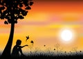 Girl playing with birds under tree, Vector illustrations