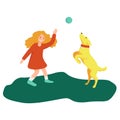 Girl is playing with dog. Doggy is jumping with ball. Colorful bright vector illustration on a white background