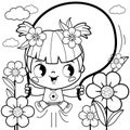 Girl playing in the garden. Vector black and white coloring page Royalty Free Stock Photo