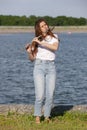 Girl playing the flute in the garden