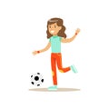 Girl Playing Football, Kid Practicing Different Sports And Physical Activities In Physical Education Class Royalty Free Stock Photo