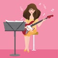 Girl playing guitar composing musical chord with note stand