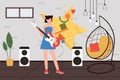 Girl playing guitar music, talent teen artist guitarist with musical instrument standing