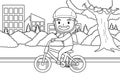 A Girl Playing With Her Bike on a City Park Track With Refreshing Views All Around. Black and White Background. Coloring Book Royalty Free Stock Photo