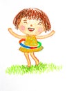 Girl playing hulahoop oil pastel drawing illustration