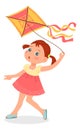 Girl playing with kite. Sky flying toy game Royalty Free Stock Photo