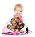 Girl playing with pets - dog and cat. looking at camera Royalty Free Stock Photo