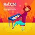 Girl playing the piano. Piano concert background. Cartoon vector illustration