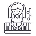 Girl playing on piano vector line icon, sign, illustration on background, editable strokes Royalty Free Stock Photo