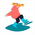 Girl playing in puddle. Vector illustration in flat style. Children having fun concept. Autumn concept Royalty Free Stock Photo