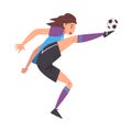 Girl Playing Soccer, Female Football Player Character in Sports Uniform Kicking the Ball Vector Illustration Royalty Free Stock Photo