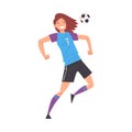 Girl Playing Soccer, Smiling Sportive Young Woman Football Player Character in Sports Uniform Kicking the Ball Vector Royalty Free Stock Photo