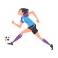 Girl Playing Soccer, Young Woman Football Player Character in Sports Uniform Running and Kicking the Ball Vector Royalty Free Stock Photo