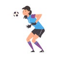 Girl Playing Soccer, Young Woman Goalkeeper Character in Sports Uniform with Ball Vector Illustration