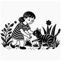 A girl joyfully plays with a striped cat, their playful interaction casting a charming scene .