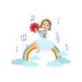Girl Playing Tambourine With Rainbow And Clouds Decoration Royalty Free Stock Photo