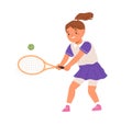Girl playing tennis, serving ball with racket. Happy kid in skirt training. Active child doing sports. Junior athlete