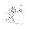 Girl playing tennis. Sketch vector hand drawn Illustration. Woman tennis player. Sport concept. Black line isolated on white