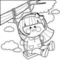 Girl playing on a tree swing. Vector black and white coloring page.