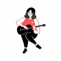 Girl playing ukulele, hand drawn illustration of cute musician character in red sweatshirt. Single young woman