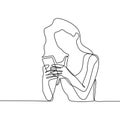 Girl playing and using smart phone continuous line drawing. One lineart of women communication concept vector with mobile gadget