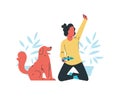 a girl playing video games with dog. Flat vector illustration Royalty Free Stock Photo