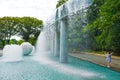 Girl playing in Wada warehouse fountain park