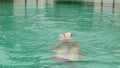 Girl playing with water in a hotel pool. Kid having fun in water outdoors