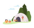 Girl plays with a dog, a man and a woman lie in a clearing at a campsite. Vector illustration.