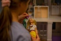 A girl plays with a doll. Funny lovely child is having fun in the childrens room.