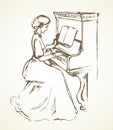 The girl plays the piano. Vector drawing