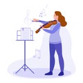 The girl plays the violin. Music stand with notes. Vector flat illustration Royalty Free Stock Photo
