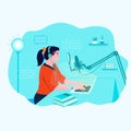 Girl podcast record studio with social media icon flat illustration