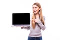 Girl pointed on screen of laptop on white