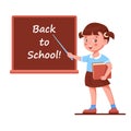 A girl with a pointer at the blackboard. Back to school concept. Vector illustration in cartoon style. Isolated on a Royalty Free Stock Photo