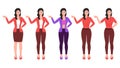 Girl pointing with index finger and other hand on waist flat character vector illustration