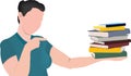 Girl points and holds books